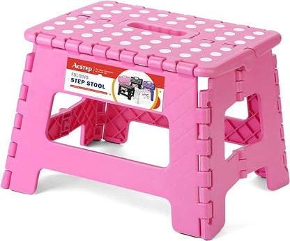 ACSTEP 9 Inch Folding Step Stool - The Lightweight Step Stool is Sturdy and Safe Enough. Opens Easy with One Flip. Great for Kitchen, Bathroom, Bedroom Pink