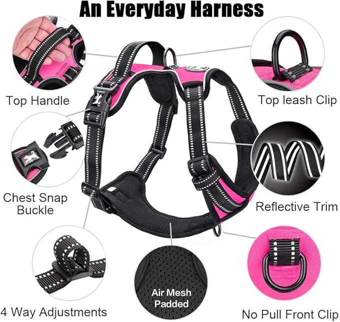 PoyPet No Pull Dog Harness, Reflective Comfortable Vest Harness with Front & Back 2 Leash Attachments and Easy Control Handle Adjustable Soft Padded Pet Vest for Small to Large Dogs (Pink,L)