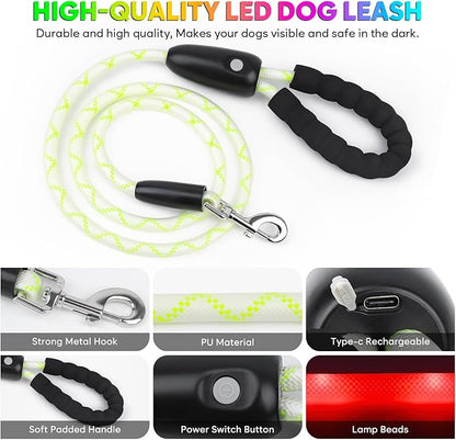 YFbrite Waterproof Light up Dog Leash with 15 Flashing Modes - Super Bright LED Dog Leash for Small Medium Large Dogs - Type-c Rechargeable Dogs Leashes Light (Multi-Color, 6FT (180cm))