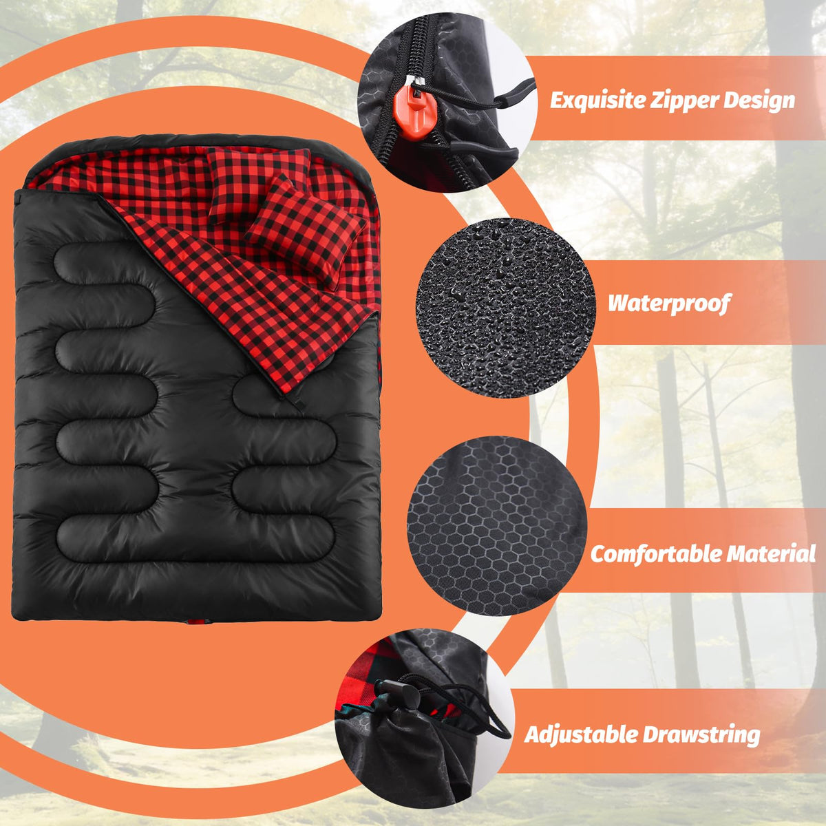 Swtmerry Flannel Double Sleeping Bag for Adults with 2 Pillows Cold Weather, Big & Tall Queen Size XL Sleeping Bag for 2 Person, Waterproof & Lightweight Warm for All Season