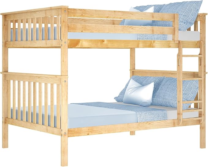 Max & Lily Full Over Full Bunk Bed with Ladder, Solid Wood Platform Bed Frame for Kids, 14" Safety Guardrails, Easy Assembly, No Box Spring Needed, Natural