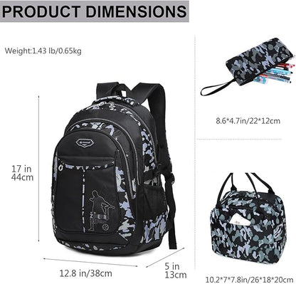 goldwheat School Backpack for Boys Cool Camouflage Bookbags with Lunch Box Pencil Case 3pcs for Middle School