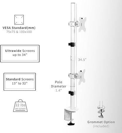 VIVO Dual Vertically Stacked LCD Monitor Desk Mount, Extra Tall Heavy Duty Adjustable Stand for 2 Ultrawide Screens up to 34 inches, 22 lbs Capacity, White, STAND-V002TW