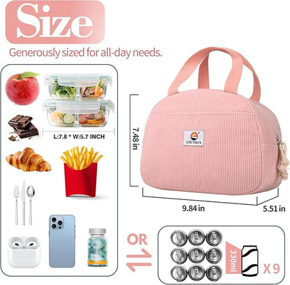Lunch Box Lunch Bag for Women Girls Teens, Cute Lunch Box Cooler Bag, Portable Small Insulated LunchBox Reusable Corduroy Lunch Tote for Work/Travel/Picnic/School(Pink)