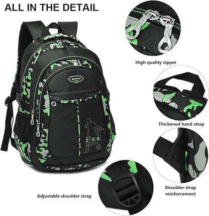 goldwheat School Backpack for Boys Cool Camouflage Bookbags with Lunch Box Pencil Case 3pcs for Middle School, Green