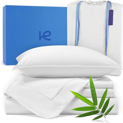 Kickoff Viscose Bamboo Sheets Full Size 4-pc 100% Organic Bamboo Viscose Bed Cooling Sheets Full Size Set Cool Bedding for hot Sleepers Sheet, Flat, Fitted, Pillowcases (Snow White, F)