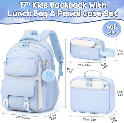 Fimibuke Backpacks for Girls, 3 PCS Waterproof School Backpack with Lunch Box & Pencil Pouch for Kids Teen Girl, Cute Bookbag School Bag for Elementary Middle High School Student Ages 6+(Blue)