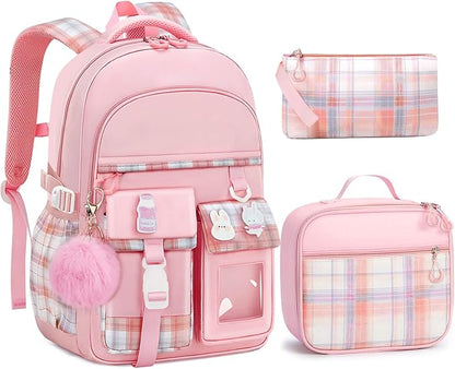 School Backpack for Girls - 5PCS Girls Backpack with Lunch Box Set for Elementary, Middle and High School Students - 18" Large Capacity School Bookbag with Multiple Pockets