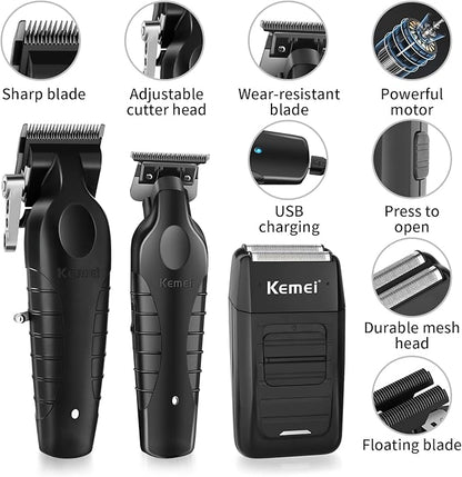 KEMEI Professional Hair Clipper, Hair Trimmer, Beard Shaver Set for Men, Electric Cordless Barber Clipper Beard Trimmer, Rechargeable Fade Clipper Haircutting Kit, KM-2299, KM-2296, KM-1102