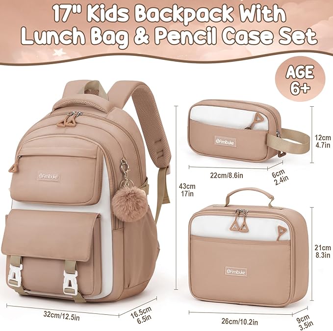 Fimibuke Backpacks for Girls, 3 PCS Waterproof School Backpack with Lunch Box & Pencil Pouch for Kids Teen Girl, Cute Bookbag School Bag for Elementary Middle High School Student Ages 6+(Khaki)