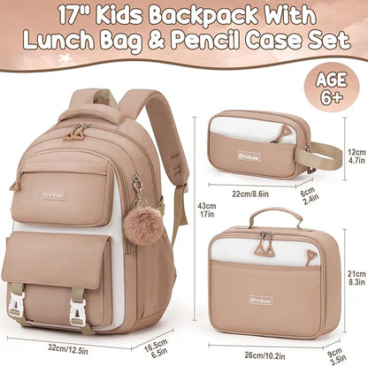 Fimibuke Backpacks for Girls, 3 PCS Waterproof School Backpack with Lunch Box & Pencil Pouch for Kids Teen Girl, Cute Bookbag School Bag for Elementary Middle High School Student Ages 6+(Khaki)