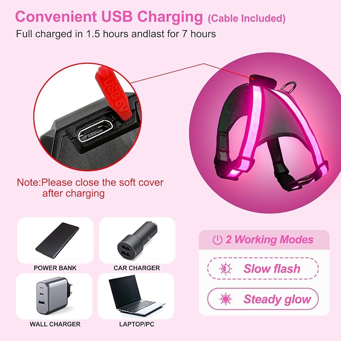 Visinite LED Dog Harness, USB Rechargeable Light Up Dog Vest, 2 Illuminate Modes Glow in The Dark Dog Harness, Adjustable Lighted Pet Harness Light for Night Walking Safety (Pink, XL)
