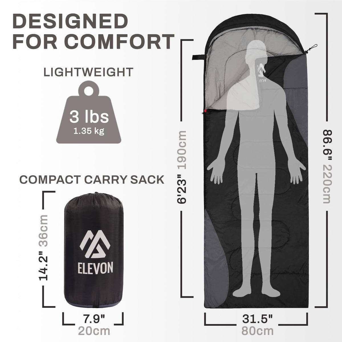 Elevon Sleeping Bag for Adults Teens Kids Cold Warm Weather, Portable Waterproof & Lightweight, Compact with Compression Sack, for 3-4 Seasons Camping, Backpacking, Hiking, Travel, Indoors Outdoors