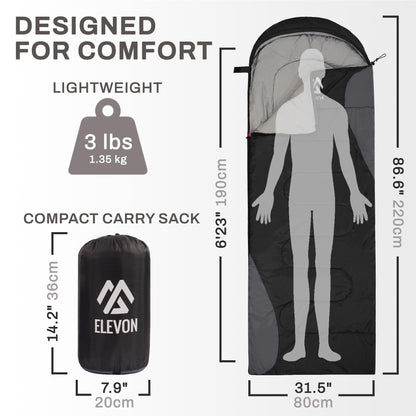Elevon Sleeping Bag for Adults Teens Kids Cold Warm Weather, Portable Waterproof & Lightweight, Compact with Compression Sack, for 3-4 Seasons Camping, Backpacking, Hiking, Travel, Indoors Outdoors