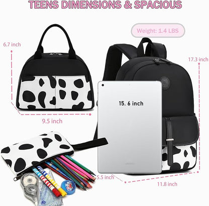 School Backpack for Girls Teens Bookbag with Lunch Box Set Kids Backpack Elementary Middle School Bag Daypack, Black Cow