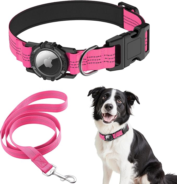 AirTag Dog Collar and Leash, IP68 Waterproof Integrated with Reflective, Ultra-Durable, Comfortable Padded, Heavy Duty Dog Collars for Small Medium Large Dogs, S (10.6"-13.6"), Pink
