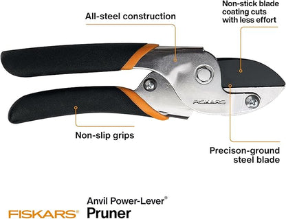 Fiskars Anvil Pruner, 5/8-Inch Cut Capacity Branch Cutter with Power-Lever Technology That Provides More Cutting Power, Best for Dry, Dead Stems and Small Branches