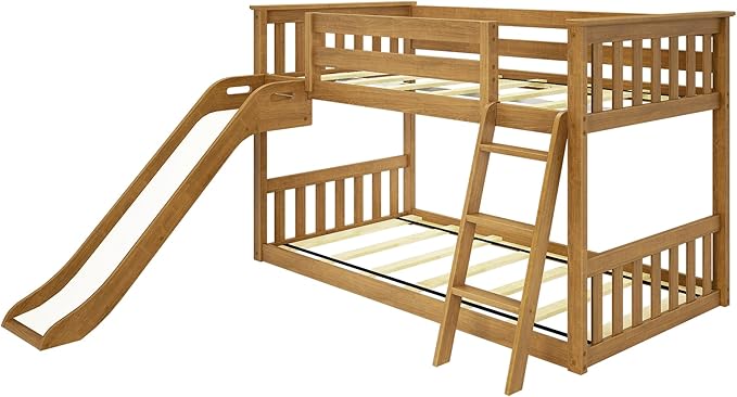 Max & Lily Twin Over Twin Low Bunk with Slide and Ladder, Wooden Bunk beds with 14” Safety Guardrail for Kids, Toddlers, Boys, Girls, Teens, Bedroom Furniture, Pecan