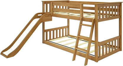 Max & Lily Twin Over Twin Low Bunk with Slide and Ladder, Wooden Bunk beds with 14” Safety Guardrail for Kids, Toddlers, Boys, Girls, Teens, Bedroom Furniture, Pecan