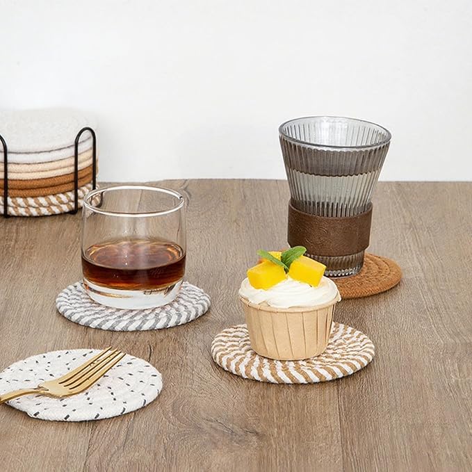 8 Pcs Drink Coasters with Holder, Handwoven Cotton Coasters Set Stackable Absorbent Minimalist Home Decor for Table, Cup, Mug (Brown)