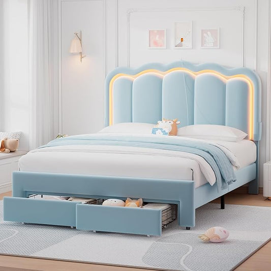 Full Upholstered LED Bed Frame with 2 Storage Drawers and Adjustable Chic Double Wavy Headboard, Velvet Princess Platform Bed with Charing Station, Solid Wood Slats Support,No Box Spring Needed,Blue