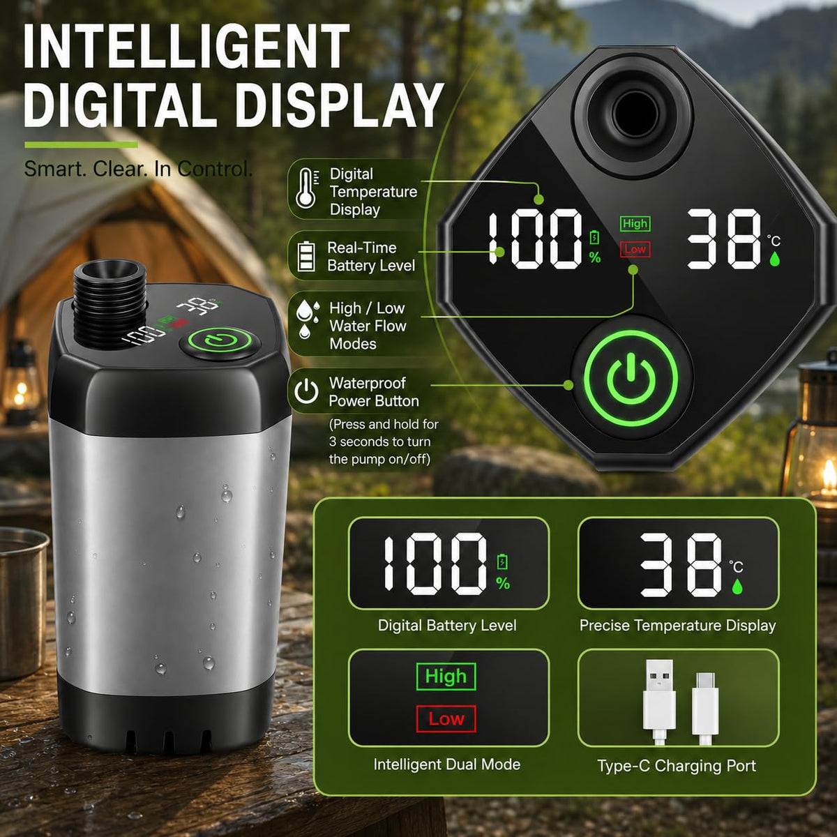 ELZONYX Portable Shower for Camping, 6000mAh Rechargeable Camping Shower with Intelligent LED Display, Foldable Bucket, 4 Spray Modes, IPX7 Waterproof Outdoor Camp Pump for Hiking, Travel, Car, Pet