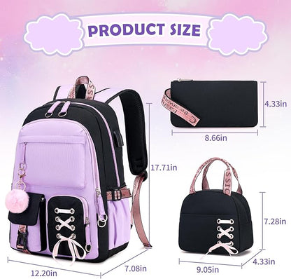 Backpacks for Girls, Girls Backpack with Lunch Box and Pencil Case for Teen Kids Elementary Middle High School College Student, Children School Backpack Bookbag with USB Charging Port (Purple)
