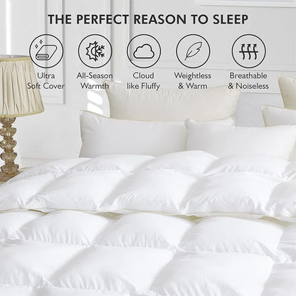 Luxurious White Solid Medium Weight, Palatial King Size Goose Feathers Down Comforter for All-Season Weather, 120 X 98 inches, Premium Baffle Box, 100% Egyptian Cotton Cover, 85 oz. Fill Weight