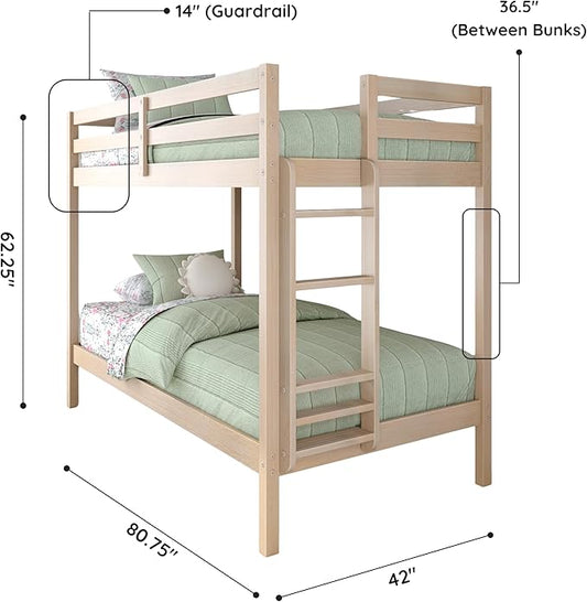 Grain & Grove Bear Twin Over Twin Bunk Bed, Sturdy Bunk Bed Frame for Kids, Plywood Bunk with Ladder, Guardrail, and Slats, No Box Spring Required, Oak Embossed Natural