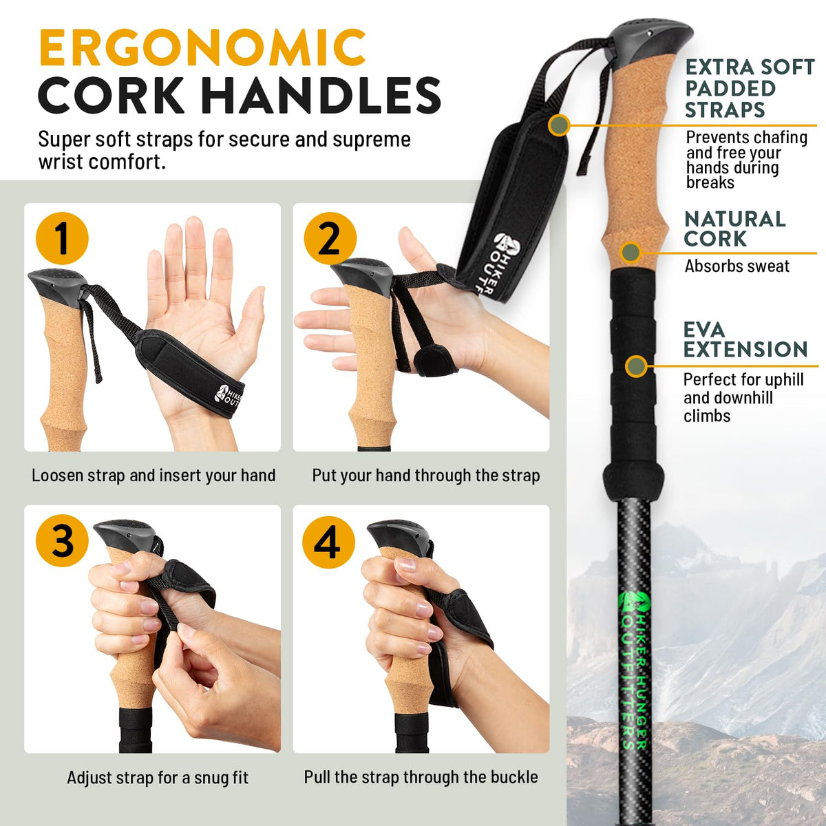 100% Carbon Fiber Trekking Poles by USA Brand - Ultra Strong Lightweight Collapsible Hiking Poles with Cork and EVA Foam Grips & Quick Adjustable Flip Locks