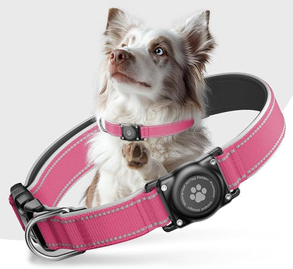 Airtag Dog Collar - 100% Waterproof AirTag Holder, Reflective, Soft Padded, Everlasting GPS Collar for Small to Large Dogs (Hot Pink, M)