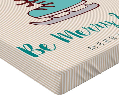 Ambesonne Christmas Fitted Sheet, Merry Calligraphy with Little Fox in Ice Skate Boot Heart on Stripes, Bed Cover with All-Round Elastic Deep Pocket for Comfort, Full Size, Beige Seafoam and Amber