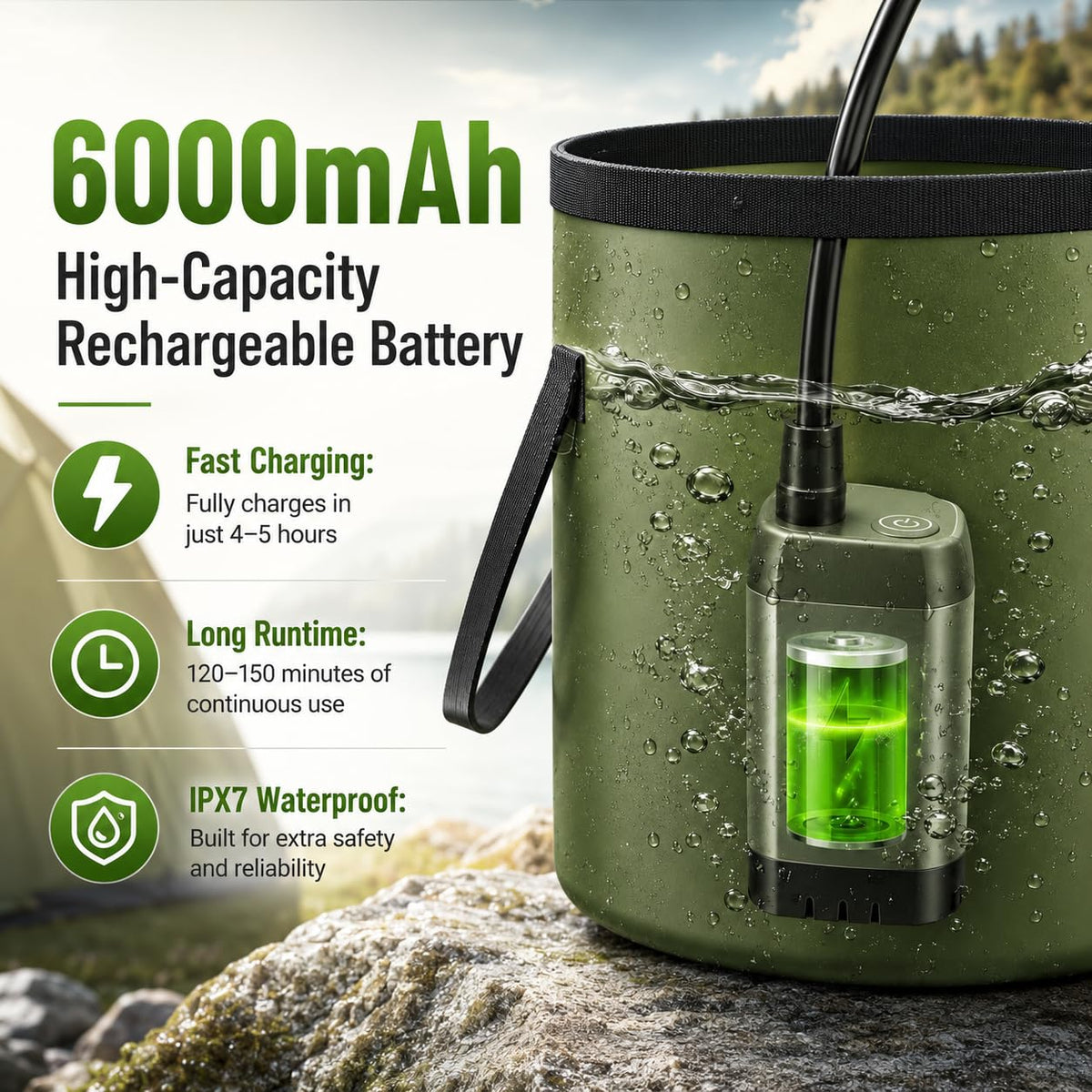 ELZONYX Portable Shower for Camping, 6000mAh Rechargeable Camping Shower with Intelligent LED Display, Foldable Bucket, 4 Spray Modes, IPX7 Waterproof Outdoor Camp Pump for Hiking, Travel, Car, Pet