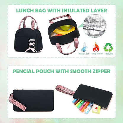 Backpacks for Girls, Girls Backpack with Lunch Box and Pencil Case for Teen Kids Elementary Middle High School College Student, Children Backpack Bookbag with USB Charging Port (Black Green)