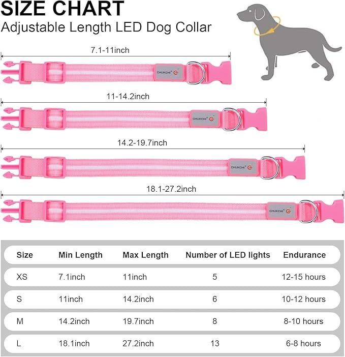 CHUKCHI LED Dog Collar Rechargeable,Waterproof Flashing Collar,Light Up Glow Collar, Adjustable Soft Safety Light Up for Small Medium Large Dogs Walking Camping at Night (Pink-L)
