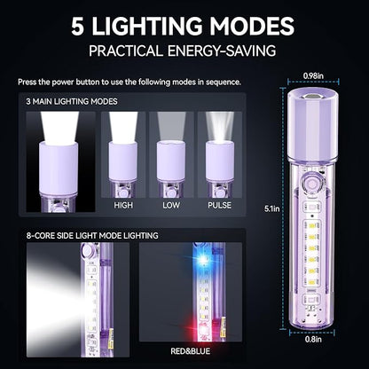 VAVOFO Purple LED EDC Flashlight - USB-C Rechargeable, Waterproof, Zoom Focus, 3 Modes, Red & Blue Emergency Strobe - Best for Outdoor, Tactical, and Survival Use