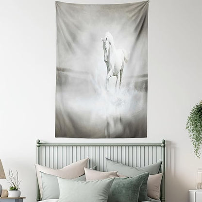 Ambesonne Horses Tapestry Twin Size, Wild Horse Running Through Water Dramatic for the Motivation of Life Art, Wall Hanging Bedspread Bed Cover Wall Decor, 68" X 88", Black and White