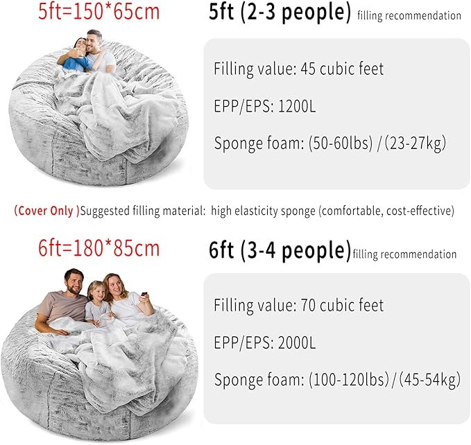 (No Filler Bean Bag Chair Cover Without Filler,Big Round Soft Fluffy PV Velvet Washable Bean Bag Lazy Sofa Bed Cover for Adults,Living Room Bedroom Furniture Outside,5ft Snow Grey