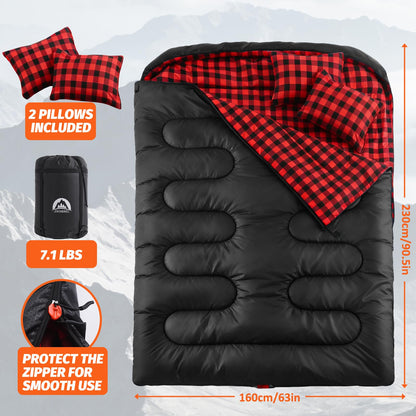 Swtmerry Flannel Double Sleeping Bag for Adults with 2 Pillows Cold Weather, Big & Tall Queen Size XL Sleeping Bag for 2 Person, Waterproof & Lightweight Warm for All Season