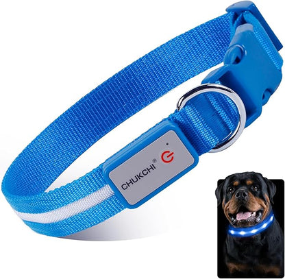 CHUKCHI LED Dog Collar Rechargeable,Waterproof Flashing Collar,Light Up Glow Collar, Adjustable Soft Safety Light Up for Small Medium Large Dogs Walking Camping at Night (Blue-M)