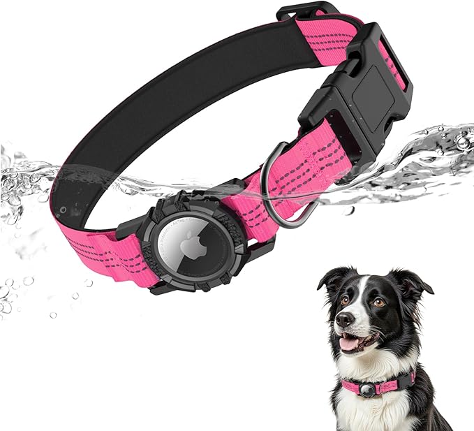 AirTag Dog Collar, IP68 Waterproof Integrated Air Tag Dog Collars with Reflective, Ultra-Durable, Comfortable Padded, Heavy Duty Dog Collars for Small Medium Large Dogs, S (10.6"-13.6"), Pink