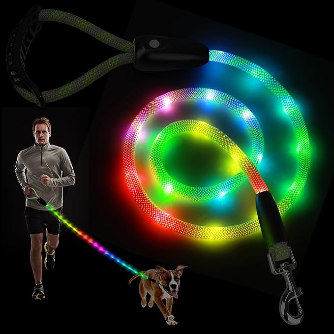 BSEEN Light Up Dog Leash - LED Dog Leash Type-C Rechargeable, 13 Lighting Modes, Glow in The Dark Pet Lead with Soft Handle for Small Medium Large Dogs Night Walking Safety (RGB, 6 Ft)