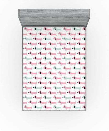 Ambesonne Dachshund Fitted Sheet, Pattern with Funny Cartoon Sausage Dogs, Bed Cover with All-Round Elastic Deep Pocket for Comfort, Full Size, Seafoam Pink