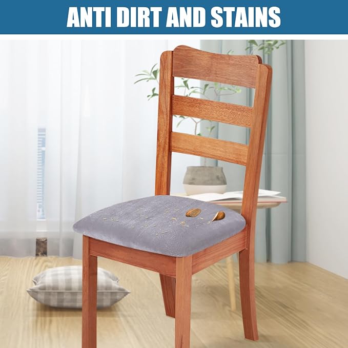 Smiry Velvet Seat Covers for Dining Room Chair Set of 2, Stretch Fit Removable Washable Chair Seat Cushion Protector Slipcovers with Ties, Light Grey