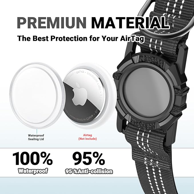 AirTag Dog Collar and Leash, IP68 Waterproof Integrated with Reflective, Ultra-Durable, Comfortable Padded, Heavy Duty Dog Collars for Small Medium Large Dogs, L (14.8"-20.3"), Black