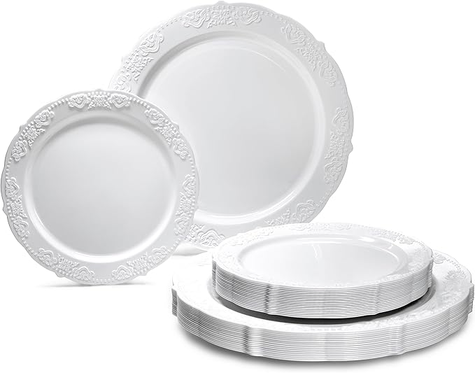 " OCCASIONS " 50 Plates Pack (25 Guests) Vintage Wedding Party Disposable Plastic Plate Set -25x10.25'' Dinner +25x7.5'' Salad/Dessert plates (Portofino Plain White)