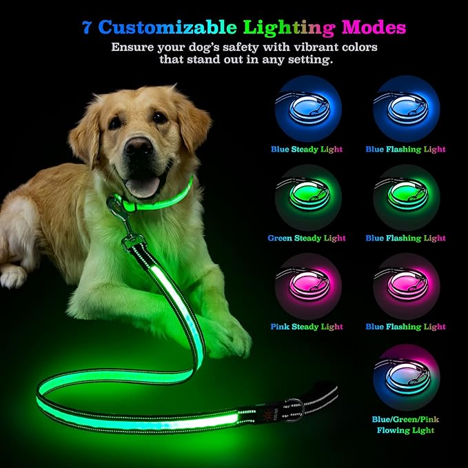 4 Ft LED Dog Leash, Light Up & Lighted Dog Leash, 7 Lighting Modes, Glow in The Dark, Reflective, Double-Sided Light, Rechargeable with Padded Handle for Night Walking Safety, Small to Large Pets