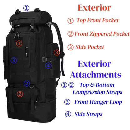 Goaste 100L Camping Hiking Backpack, Molle Military Tactical Rucksack, Waterproof Large Travel Daypack, Adjustable Survival Hunting Sports Bag for Men and Women Hiking, Camping, Touring(Black)