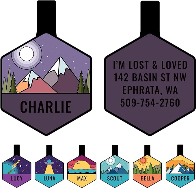GoTags Silent Dog Tag, Personalized Engraved Hexagon Silicone Dog and Cat Name Pet ID Tags, Soundless No More Jingling Dog Tags (Mountain Purple)