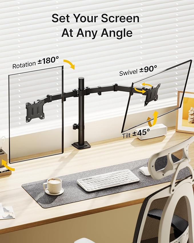 monTEK Stable Dual Monitor Stand for 17"–32” Computer Screens, Heavy-Duty Desk Mount with 22 lbs per Arm, Fully Adjustable Brackets and Arms, Clamp/Grommet Base, VESA 100×100mm Max